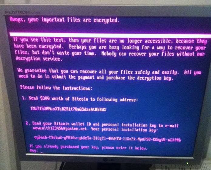 NotPetya's ransom note displayed on the monitor of a compromised system